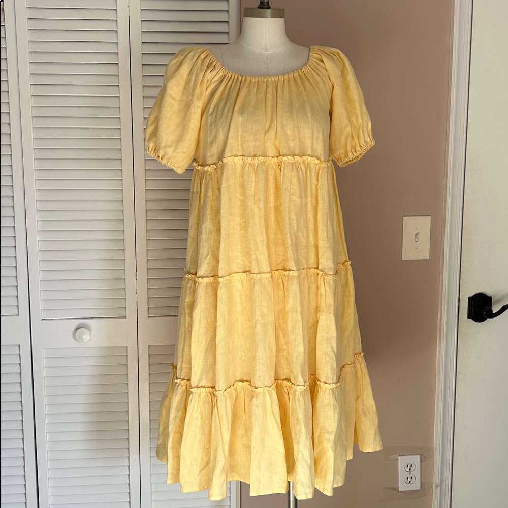 Marie et Mia Linen / cotton Open Elastic Shoulder Puff Sleeve layered dress sz 6